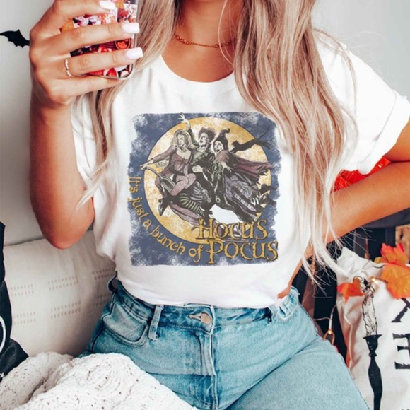 SOLD OUT White It's All Just A Bunch Of Hocus Pocus Graphic Halloween Tee Shirt - Picture 2 of 2